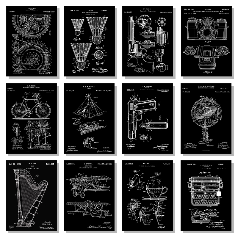 Патентный черно-белый постер,  – обзор и цена Sports Equipment Drawing
